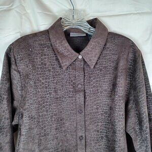 Relativity Woman's Brown Tunic Sz Large Long Sleeve Snakeskin Pattern Button Up